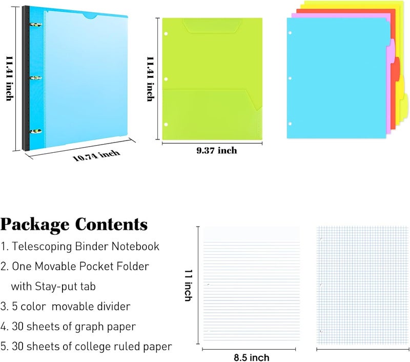 INFUN All-in-one Telescoping Binder Notebook, Refillable 3 Ring Notebook Binder with 1 plastic movable pocket folder,5 plastic subject dividers and graph paper and college ruled paper - Blue - Image 2
